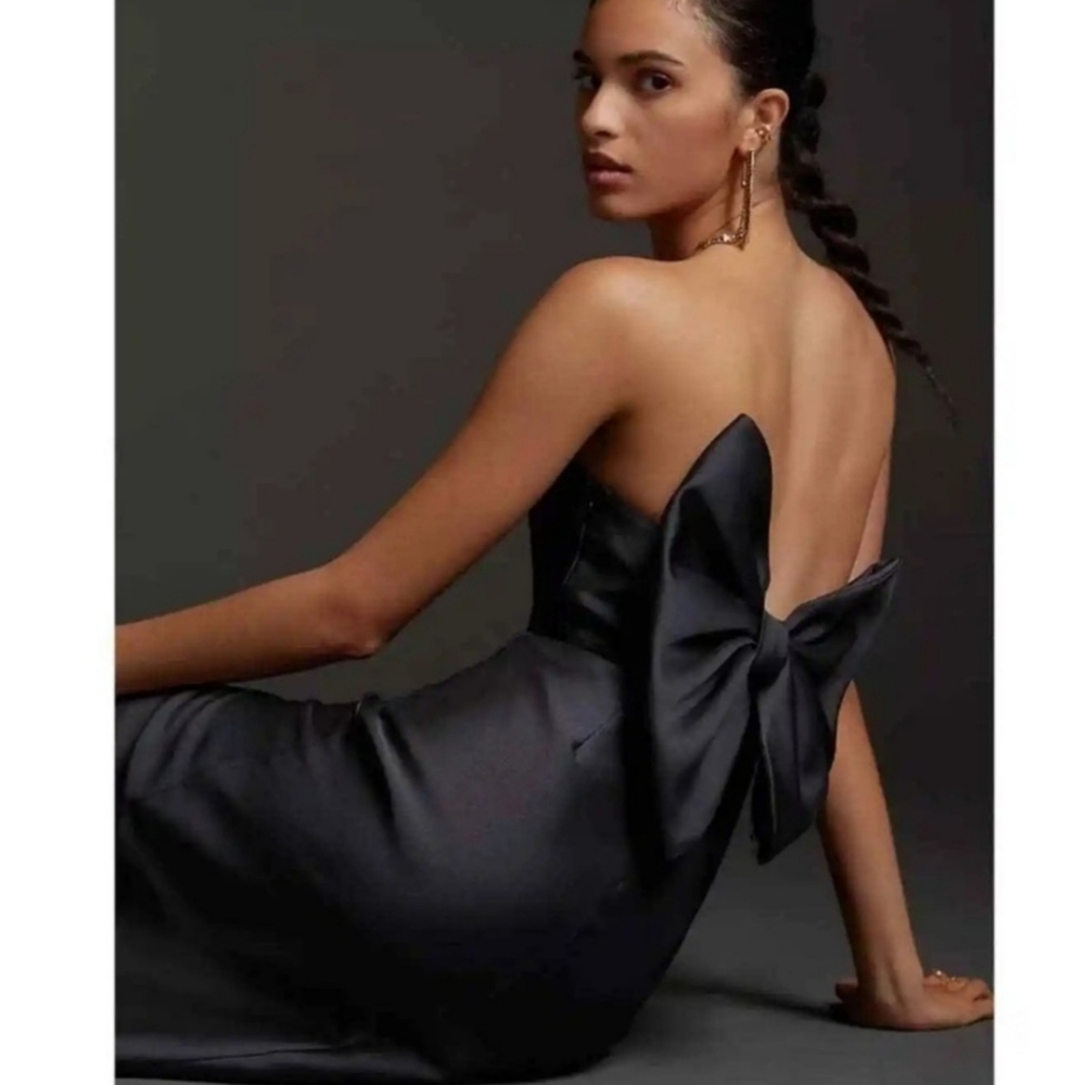 ANTHROPOLIGIE x HUTCH Sexy BACK BOW Side Slit Midi Formal Black Strapless Dress